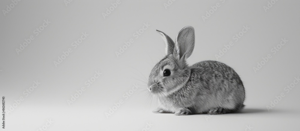 Poster black and white adorable rabbit on a white background with copy space image.