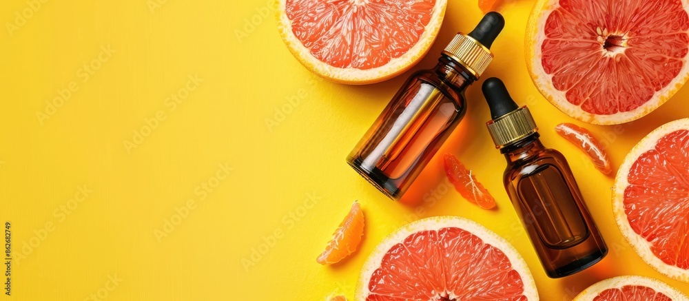 Poster essential oil bottles and grapefruit slices on a vibrant yellow backdrop with copy space image.