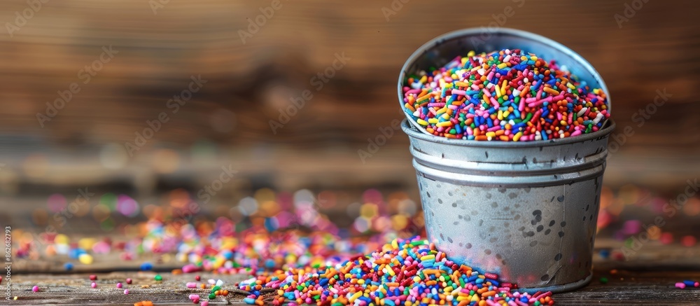 Poster sugar sprinkles for cake decoration featuring a bucket overflowing with colorful sprinkles on a rust