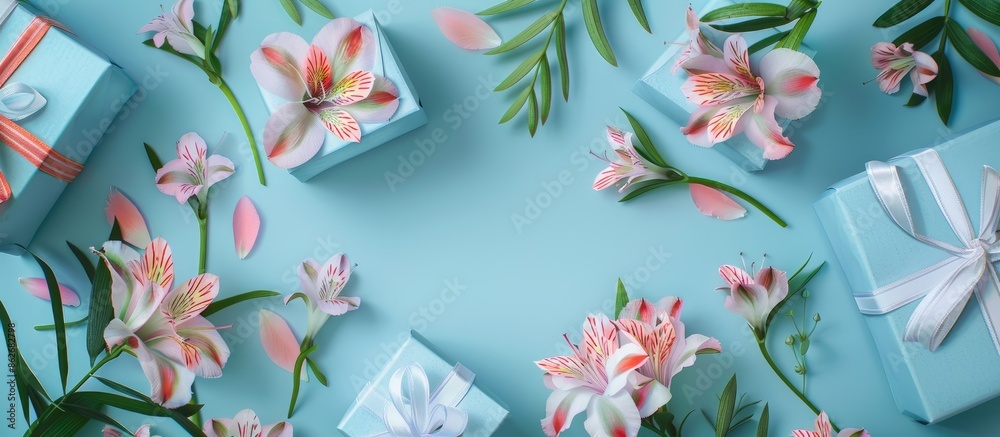 Aufkleber blue background with alstroemeria flowers, gift boxes perfect for congratulations. natural colors gr