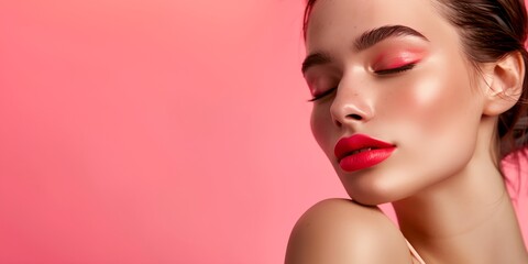 A woman with red lipstick and a pink background. The woman is smiling and looking at the camera