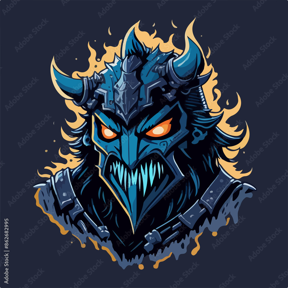 Wall mural An immortal demon warlord, clad in dark armor, stands with a menacing aura. Fiery eyes and a wicked blade emphasize its eternal power and warrior prowess.