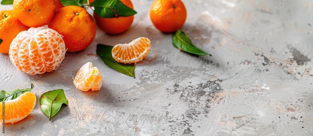 Poster Close-up image with a selective focus on whole and peeled clementines with leaves. Set on a light gray rustic backdrop with room for text, offering a narrow depth of field. Copy space image