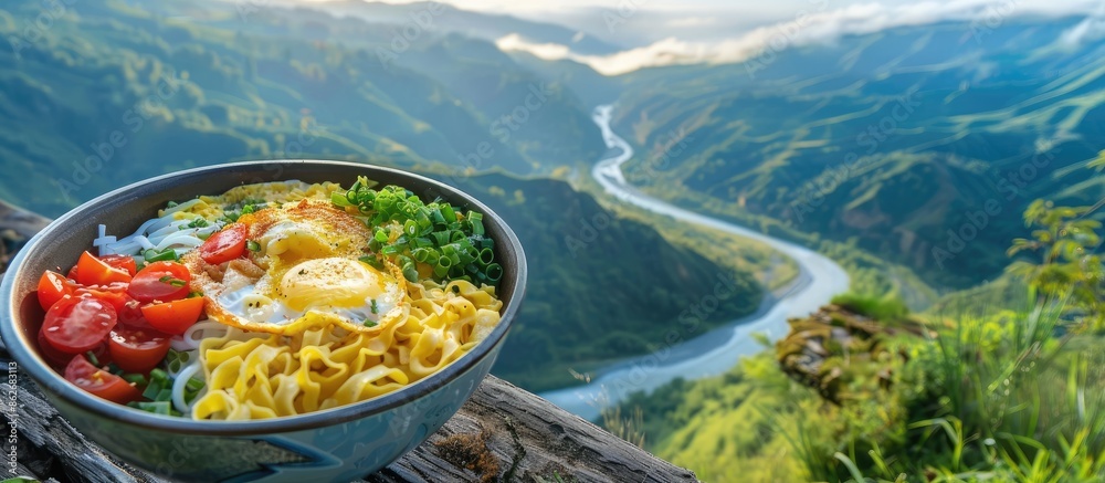 Poster breakfast bowl with noodles and omelette, captured against a scenic backdrop of hills and a river va