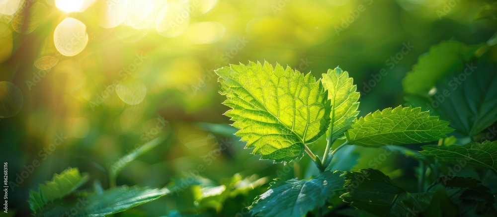 Poster captivating nature backdrop with a vivid green leaf set against a soft focus green garden background
