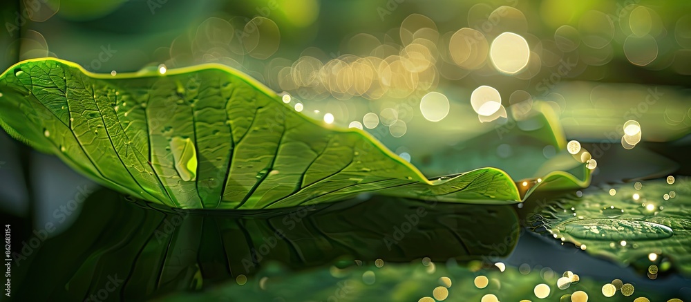 Aufkleber A green lotus leaf symbolizes water pollution. Available for text in the background of the image. Copy space image. Place for adding text and design