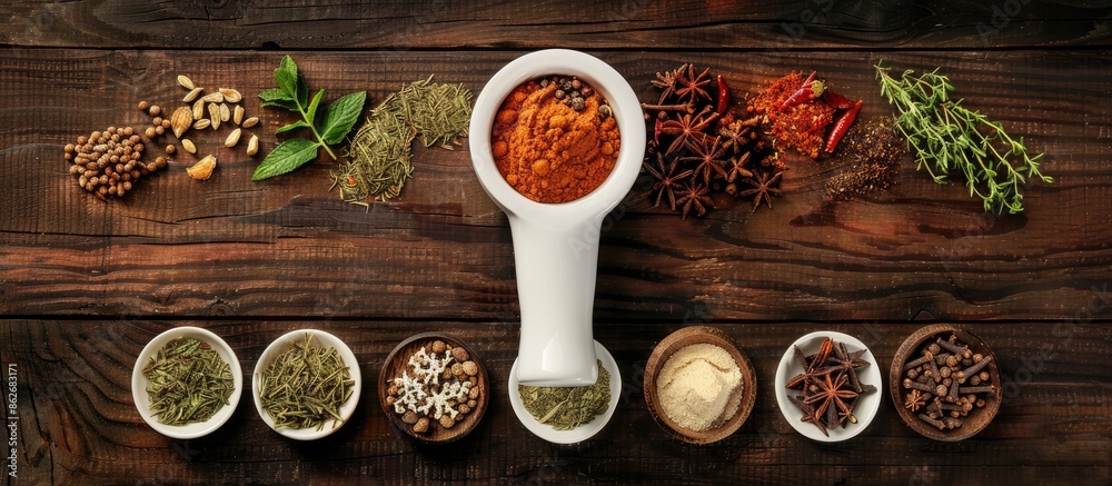 Poster various herbs and spices arranged in a mortar, alongside dried seasonings, displayed on a dark woode