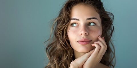 Fototapeta premium A woman with long hair and a pretty face is looking up at the camera. She has a thoughtful expression on her face