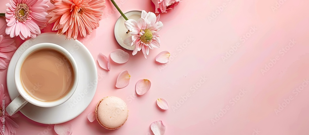 Poster minimal style flat lay image featuring a coffee cup, flowers, candle, macaroons on a pink background