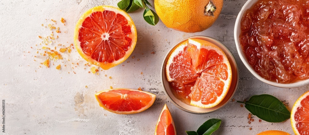 Poster Composition featuring grapefruit jelly in a bowl on a bright table, with a vacant area for text in the image. Copy space image. Place for adding text and design