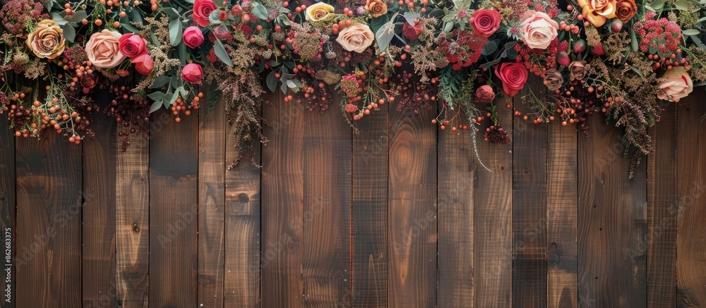 Poster a wooden backdrop adorned with a beautiful floral arrangement provides ample space for additional co