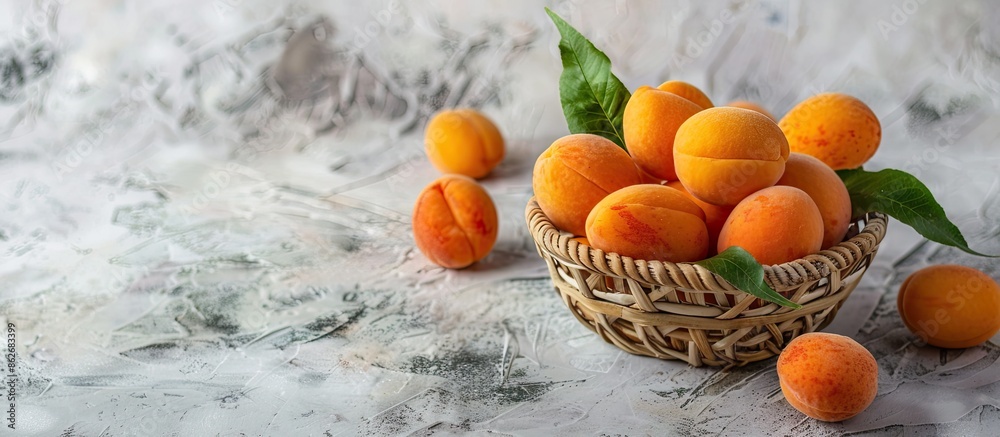 Aufkleber Ripe apricot fruits with a leaf in a wooden basket on a white rustic table create a healthy fruit background with copy space image.