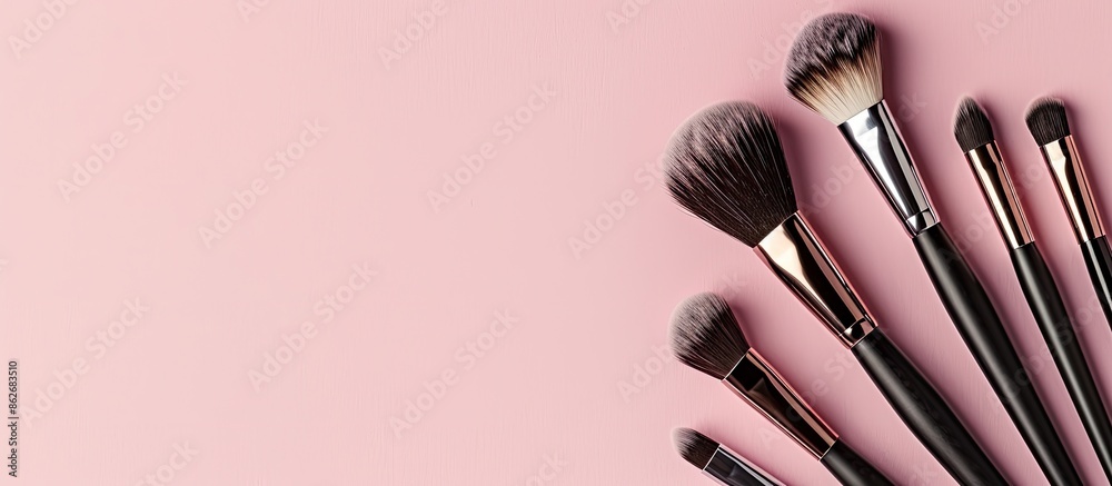 Poster Glamorous makeup brushes displayed on a soft pink backdrop in a cosmetics store banner, showing visagist tools from a top view with a creative flat lay and copy space image.