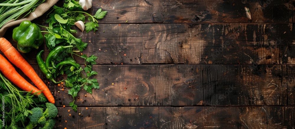 Aufkleber Various fresh vegetables like chopped carrot, green pepper, garlic, and parsley are artfully arranged on a wooden table in a top view image with a rustic style and ample copy space for adding text.