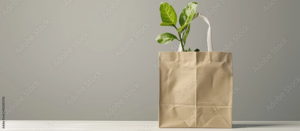 Poster gray background with copy space image featuring an eco shopping bag. promotes environmental protecti