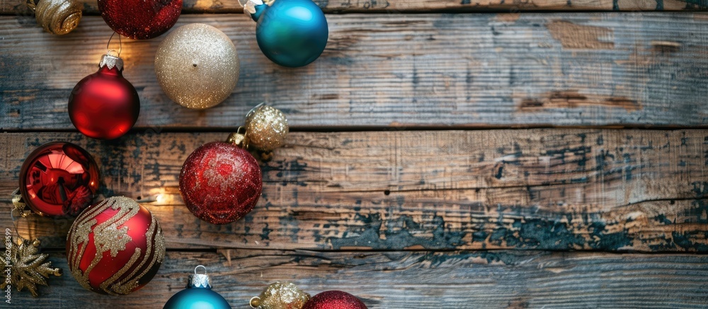 Poster top-down view of christmas ornaments on a wooden backdrop with copy space image.