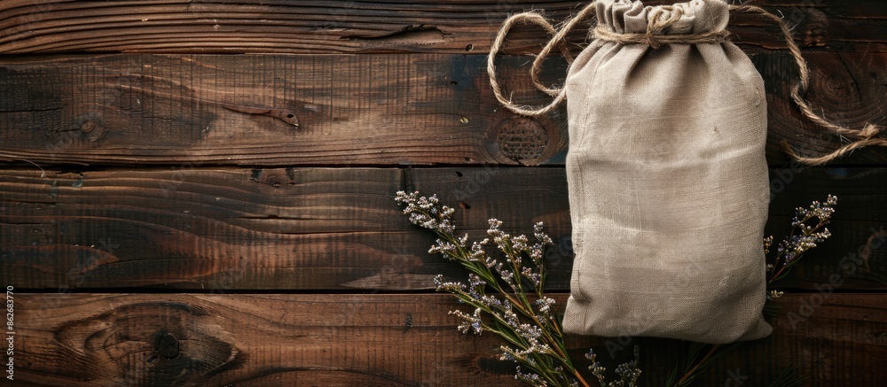 Poster Wooden table as a backdrop for a drawstring pouch with copy space image.