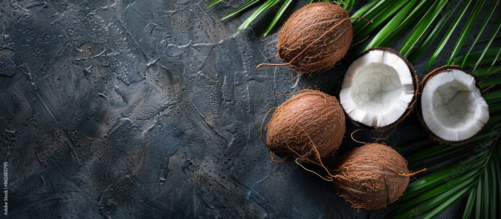Poster Tropical coconut displayed on a dark stone surface with palm leaves, creating a refreshing and tropical atmosphere in a top-down view with room for your message in the copy space image.
