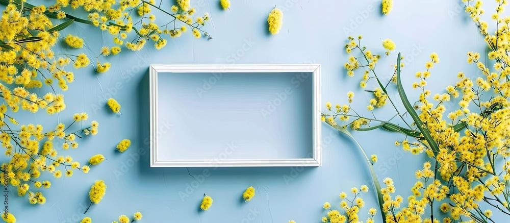 Poster Spring flower arrangement with a blank photo frame, featuring mimosa flowers on a soft blue background. Top view flat lay with ample copy space image.