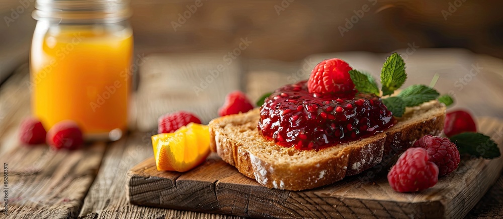 Poster whole grain bread with mixed berry jam, accompanied by orange juice in a glass on a wooden backdrop,