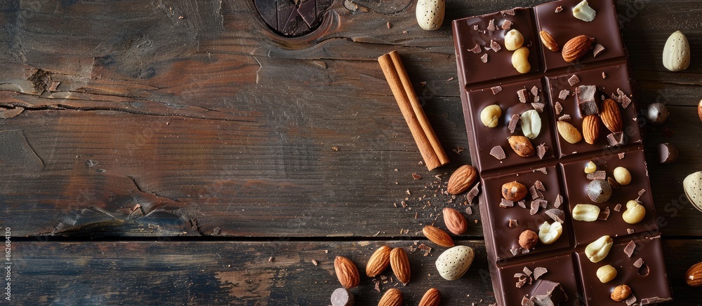 Aufkleber Dark chocolate bar with almonds, hazelnuts, and a cinnamon stick on a wooden background with space for text or other images. Copy space image. Place for adding text and design