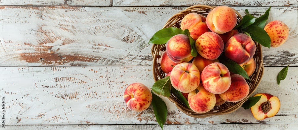 Poster top view of a basket of fresh organic peaches on a white wooden table, emphasizing clean eating. ide