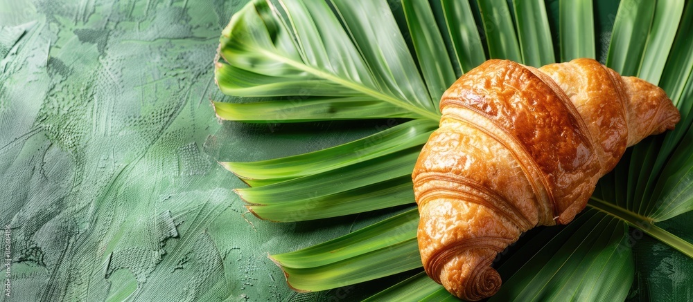 Poster A detailed image of a croissant placed on a banana leaf with space for additional content.
