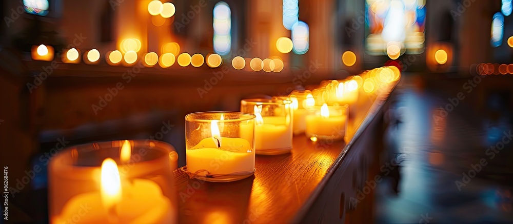 Aufkleber arrangement of lit candles in a row in a church with copy space image.