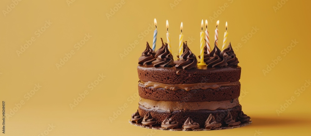 Poster Chocolate cake with candles and cream on a yellow background, with room for text, image included. Copy space image. Place for adding text and design