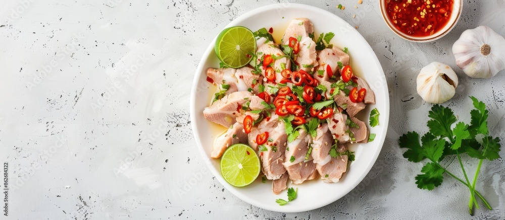 Poster top view of boiled pork served on a white plate with a zesty lime, garlic, and chili sauce, with an 