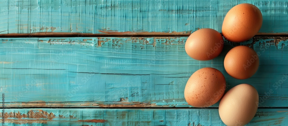 Poster elegant raw chicken eggs displayed on a rustic blue wooden backdrop with ample copy space image.