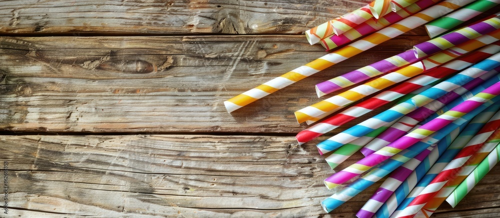 Fototapete vibrant paper straws on a rustic wooden backdrop for events and parties with centered focus offering