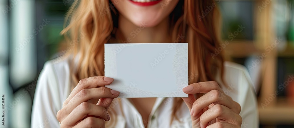 Poster Close-up of a woman holding a card with empty space for text or design. Copy space image. Place for adding text and design