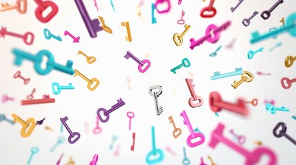 Colorful Keys Falling on White Background