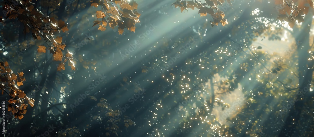 Aufkleber Afternoon sunbeams shining through trees, creating autumn vibes in a captivating copy space image.
