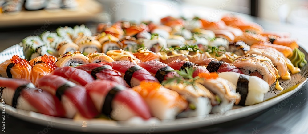 Aufkleber Selective focus on a platter adorned with an array of sophisticated sushi varieties creating an appealing copy space image.