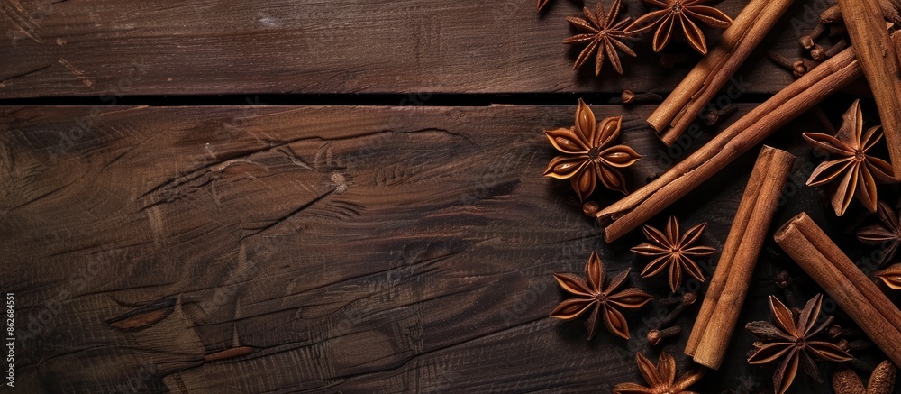 Poster wooden table adorned with aromatic cinnamon sticks and anise stars in a flat lay arrangement with av