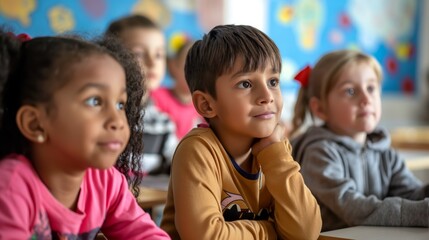 Diverse group of children attentively listening in a classroom