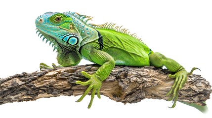 Fototapeta premium Vibrant green iguana on a branch, detailed and isolated, available , ideal for reptile care or pet store displays