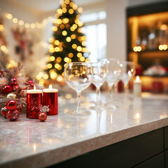 Open kitchen counter top champagne glasses ornaments. Christmas tree decorated with golden garland. Cozy homely festive atmosphere. Family holiday celebration