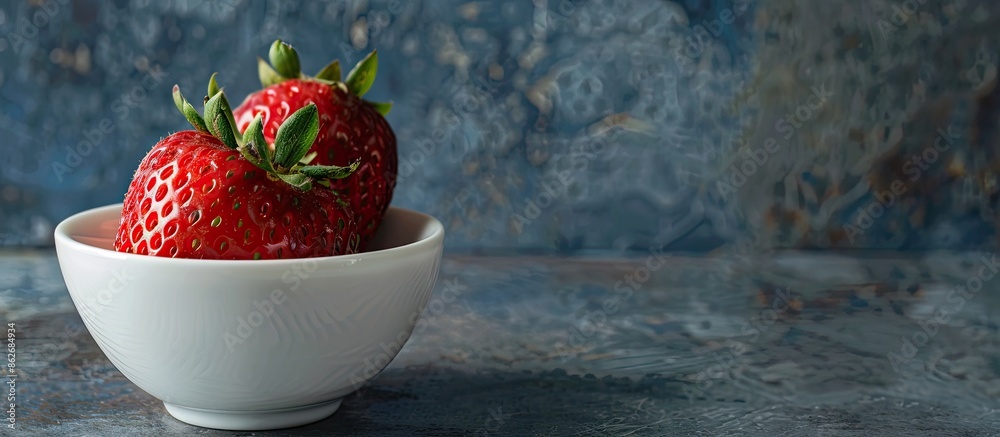 Aufkleber a fresh strawberry displayed in a white bowl on a table with copy space image.