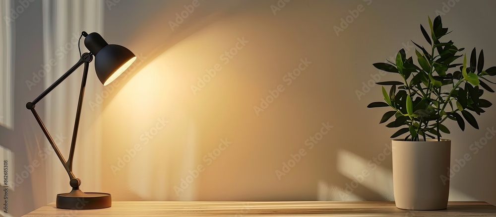 Poster desk displaying a lamp and plant against a wall backdrop with copy space image.