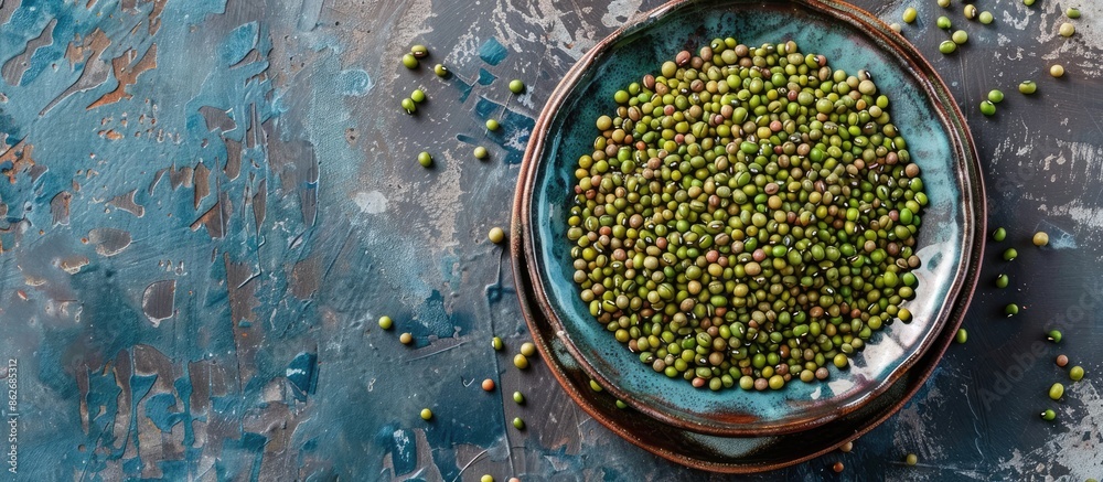 Aufkleber Mung beans in a plate with legumes in a bowl in the background, displayed from a top view with room for text or graphics alongside the image. Copy space image. Place for adding text and design