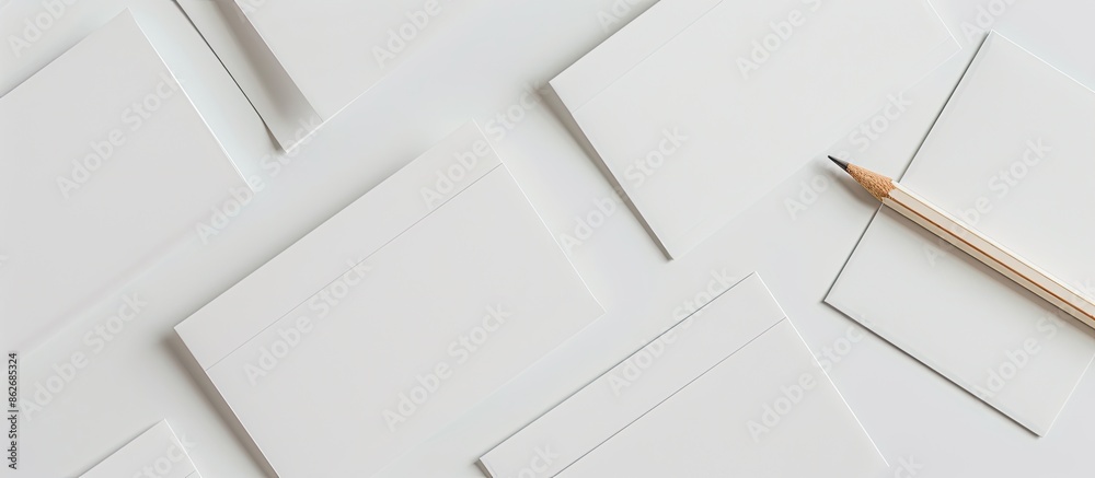 Poster mockup copy space image featuring blank business cards arranged alongside a pencil on a white backgr