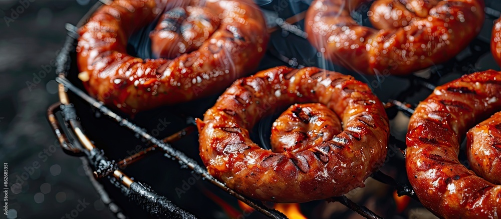 Poster Top-down view of barbecue grilled spiral pork sausages on a grill, set against a black background with ample space for additional content in the image.