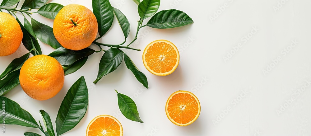 Poster a picture of an orange with leaves against a white backdrop featuring ample copy space image.