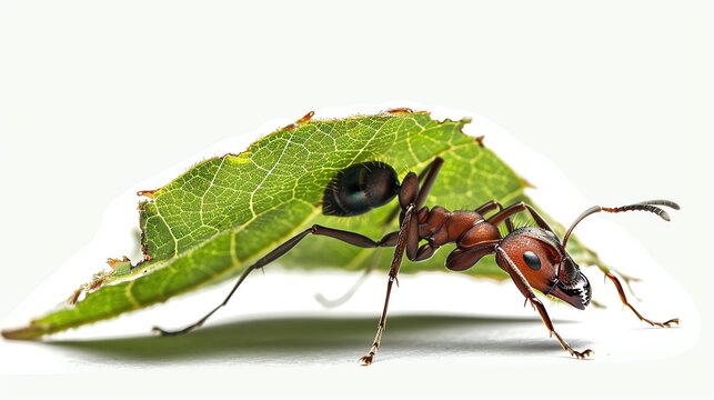 Leafcutter ant carrying a piece of green leaf, detailed and isolated on white, perfect  for documentaries or educational content