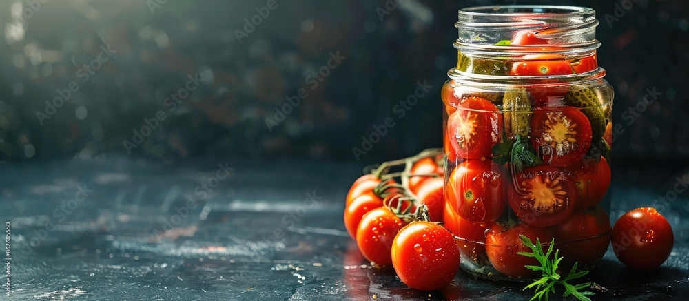 Poster Close-up of a pickling jar filled with fresh tomatoes displayed on a black kitchen table, providing copy space for text in the image.