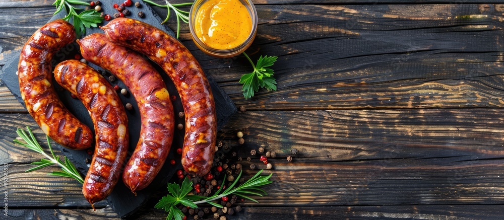 Poster delicious sausages with peppercorns, mustard on a wooden table, presenting a flat lay with ample cop