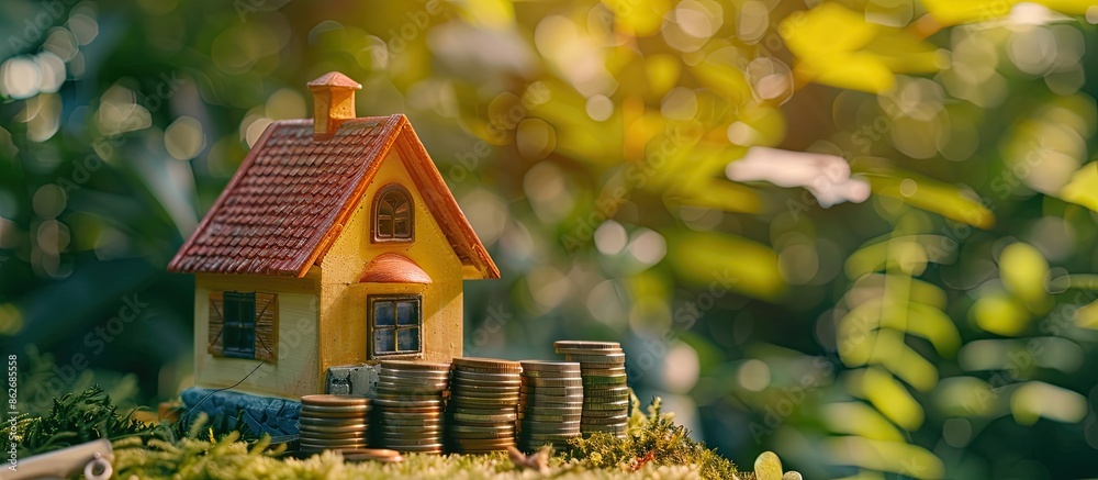 Aufkleber a focused image featuring a stack of coins beside a toy house on a table, set against a lush green b